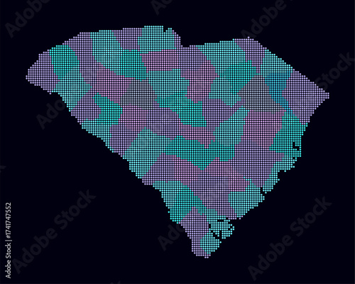 South Carolina dotted map. Digital style map of the state on dark background. South Carolina shape with circle dots. Colored dots style. Small size circles. Creative vector illustration.