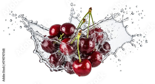 Fresh cherries splashing into water for a refreshing culinary scene