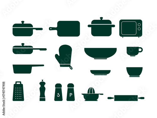 Set of kitchen tools and utensils in black silhouette vector style on white background perfect for food design, cooking apps, menus, or chef branding