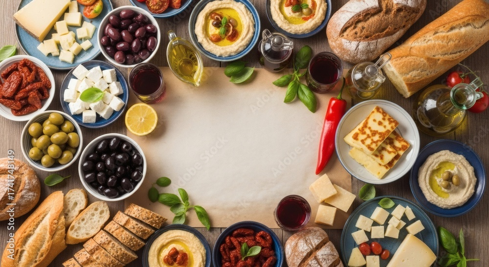 custom made wallpaper toronto digitalDelicious mediterranean appetizers assortment served with bread and wine, copy space for text in the middle