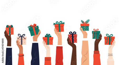 Celebrating togetherness with diverse hands holding festive gifts and presents.