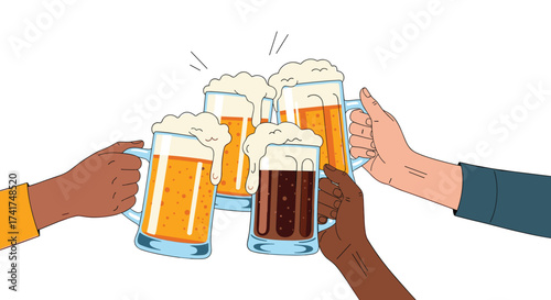A diverse group of friends raising beer mugs in a toast celebrating friendship and good times.