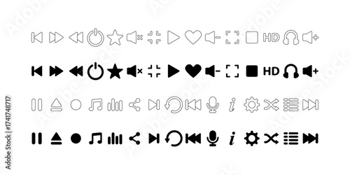 Modern vector set of media player interface icons including play, pause, stop, volume, settings. Audio and video control symbols for multimedia web UI