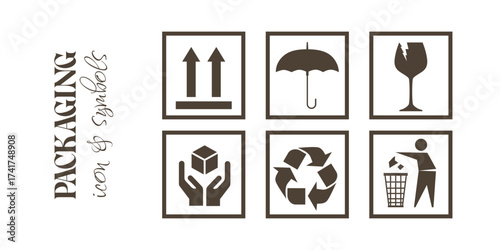 Vector collection of packaging icons and fragile cargo warning symbols including umbrella, glass, box in hands, shipping and delivery logistics signs for transport use