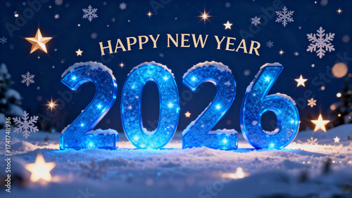 Happy New Year 2026 Celebration sparkling stars, snowflakes