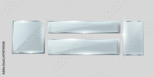 Collection of realistic transparent glass plate mockups including square, round, and rectangular designs, ideal for tableware, food presentation, and product display