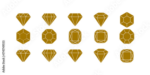 Modern flat style vector illustration set of various diamond icons in multiple shapes and cuts, ideal for luxury, jewelry, wealth, and gemstone design elements
