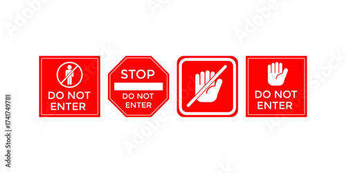 Collection of stop signs and hand gestures in various designs. Warning symbols for road safety, traffic control, caution alerts and street regulation purposes