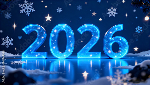 Happy New Year 2026 Celebration sparkling stars, snowflakes