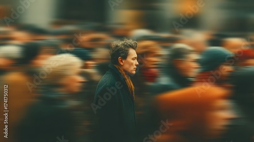 A contemplative individual, dressed in a dark coat and scarf, stands out in a crowd of blurred figures, with warm autumnal tones, conveying a sense of isolation and introspection within a busy...