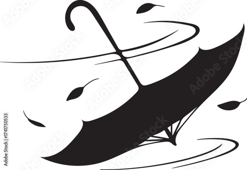 Black and white illustration of windy weather with umbrella and leaves