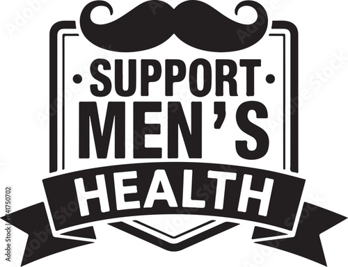 Support Mens Health awareness badge with mustache and ribbon banner