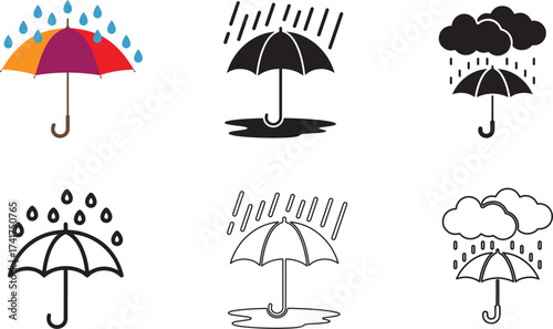 Set of Umbrella and Rain Icons Symbolizing Protection from the Weather Elements