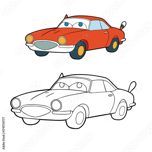 A fun cartoon classic car coloring page featuring a vintage vehicle with bold outlines, smiling headlights, and retro charm—perfect for kids to color and enjoy creativity.

