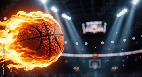 Flaming Basketball in Action Against Dark Arena Background  