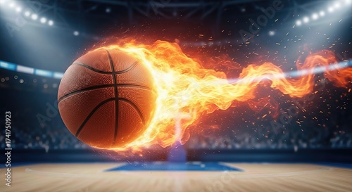 Flaming basketball soaring through a sports arena  