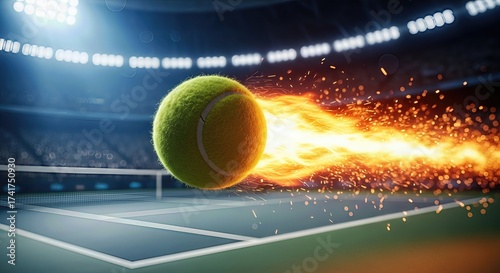 Flaming Tennis Ball in Motion on Court  