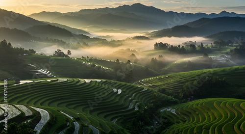 Fototapeta Naklejka Na Ścianę i Meble -  Mountain Valley Sunrise Over Lush Green Rice Terraces with Mist
