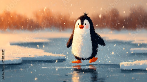 Playful illustration depicts a cheerful penguin with a black and white body, orange feet and a delightful orange beak, frolicking merrily on icy water under a snowy sky and the warm glow of a winter.
