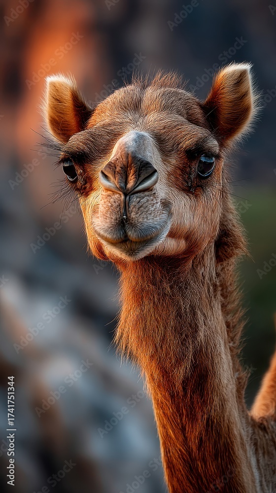 Fototapeta premium Close-Up of a Young Camel with Expressive Eyes Against a Scenic Background Highlighting Natural Beauty of the Desert Environment