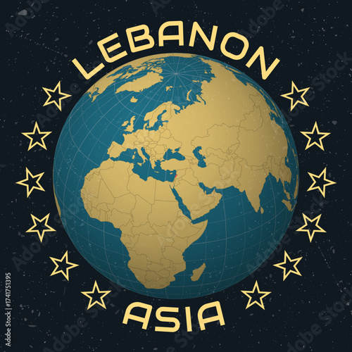 Lebanese Republic on Globe. Country name round text. Vintage look with grunge scratched texture. Country view on world map in Sky Blue Light Yellow color palette. Lebanon shape on map.