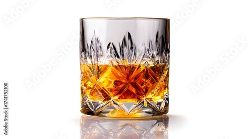 Cut crystal glass filled with amber-colored liquid, possibly spirits, illuminated against a pure white background. The glassware displays intricate cut patterns, reflecting and refracting the light.