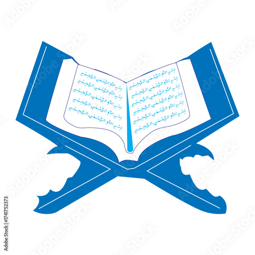 Blue Quran book on stand icon, holy Islamic scripture illustration, religious faith and spirituality vector concept design