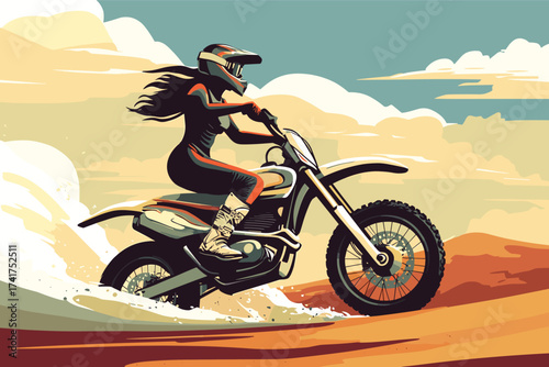African woman in motocross gear riding off-road motorbike through desert trail vector illustration