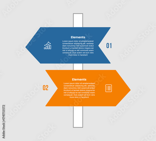 2 elements infographic comparison diagram with big rectangle arrow edge on stacked vertical with opposite comparison with 2 step for slide presentation
