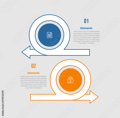 2 elements infographic comparison diagram with big circle with arrow on stacked vertical with opposite comparison with 2 step for slide presentation