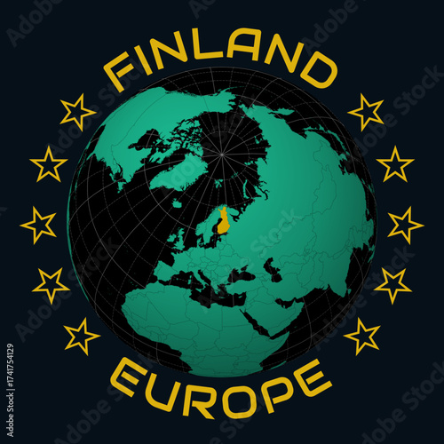 Republic of Finland on Globe. Round country and continent name text. Country view on world map in Black Emerald color palette. Finland shape on map. Captivating vector illustration.