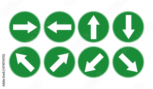 Green emergency exit direction sign set, safety assembly point symbol, escape help evacuation, straight pointer arrow