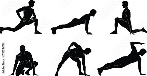 Dynamic male figure demonstrating six distinct fitness poses in a versatile vector design suitable for health and wellness graphics