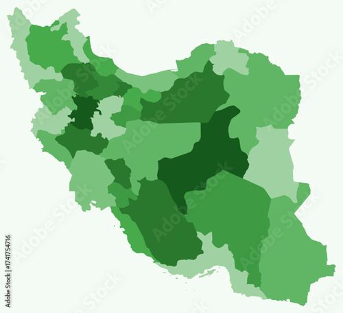 Map of Iran with regions. Just a simple country border map with region division. Green color palette. Plain Islamic Republic of Iran shape with administrative division. Vector illustration.