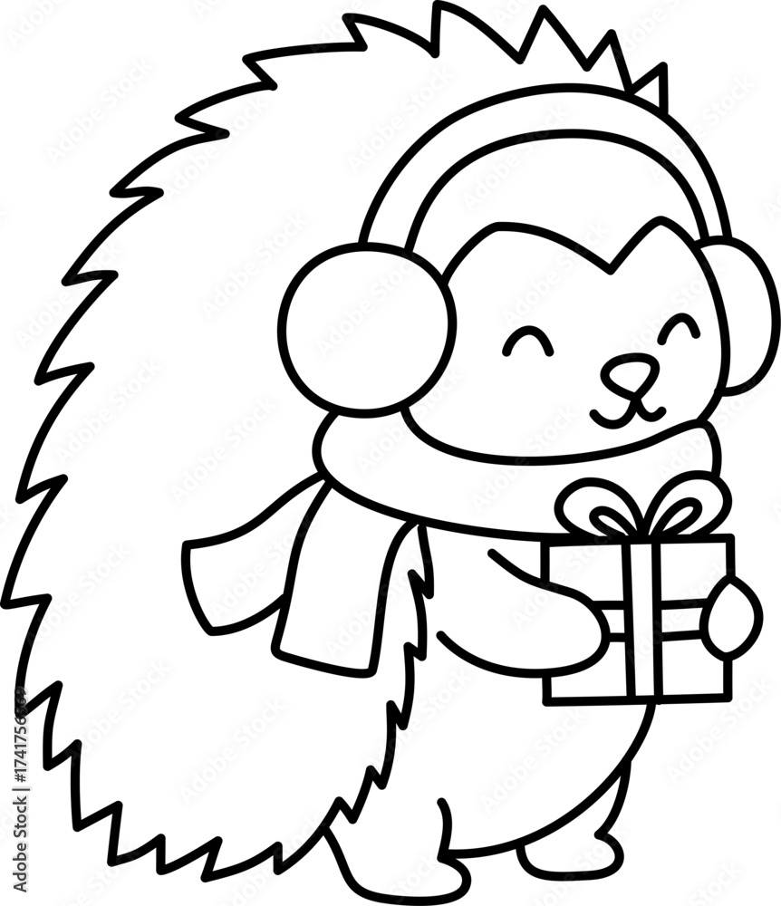 Obraz premium Cartoon Line Art Hedgehog with Gift and Winter Accessories Illustration