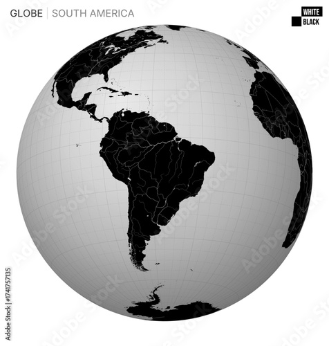 Vector Globe centered to South America. White Black palette. World map with meridians, parallels, countries, rivers and lakes. Classy vector illustration.
