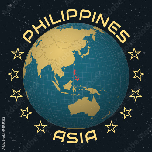 Philippines on Globe. Country name round text. Vintage look with grunge scratched texture. Country view on world map in Sky Blue Light Yellow color palette. Philippines shape on map.