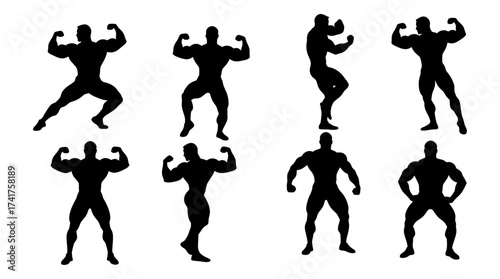 Bodybuilder Silhouette Set.Muscular Men Flexing Poses Collection, Fitness Vector Icons.