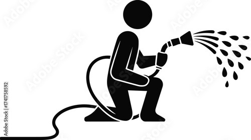 Silhouette of person kneeling with hose spraying water, black and white vector illustration, gardening or cleaning activity, minimal design, everyday action concept