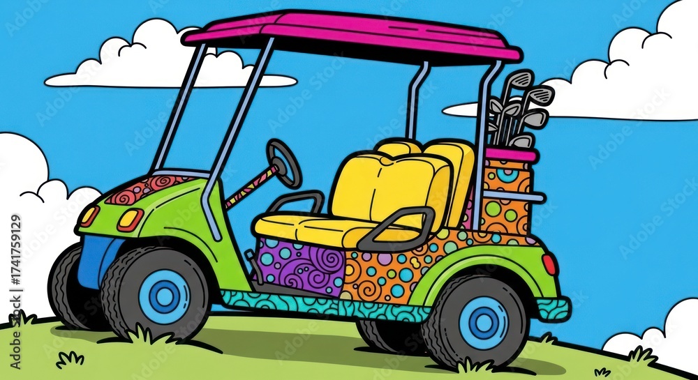 Fototapeta premium Colorful golf cart illustration with golf clubs against blue sky and clouds