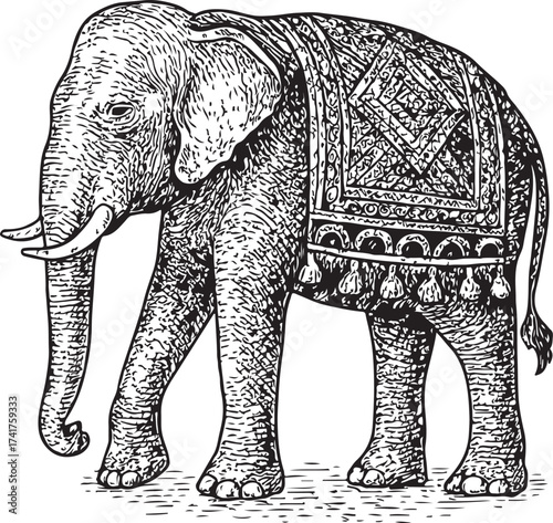 Vintage Black and White Vector Illustration of an Elephant with Ornate Saddle Blanket in Engraved Line Art Style