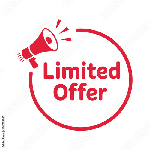 Red megaphone announcing limited offer inside a circular border
