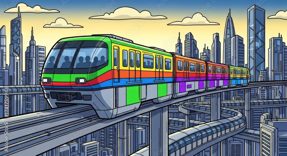 Obraz premium Colorful monorail train traveling through a modern cityscape against a sky