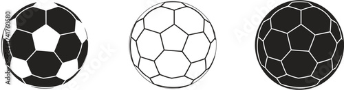 Stylized soccer ball icon set in black, outline, and dark styles, vector illustration for sports design, minimal and graphic concept for athletic themes