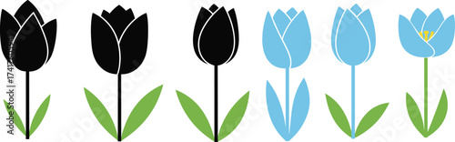 Stylized tulip flower icon set with black and blue petals, vector illustration for pattern recognition, color variation, minimal and educational design concept