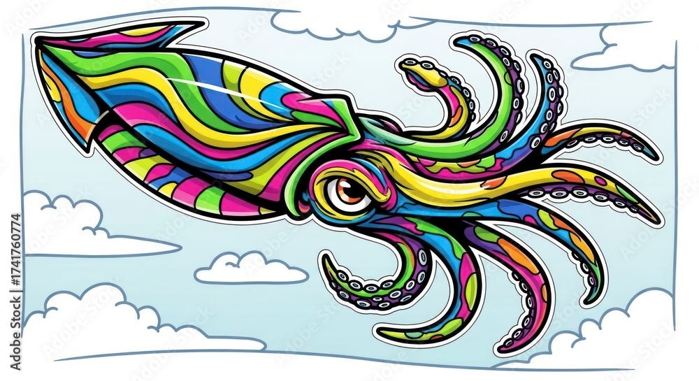 Obraz premium Colorful vector illustration of a stylized squid floating with clouds