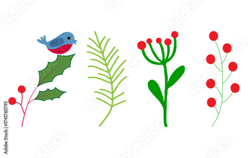 Christmas Botanical Clipart with Bird and Winter Berries – Festive Holiday Plants and Foliage Vector Illustration