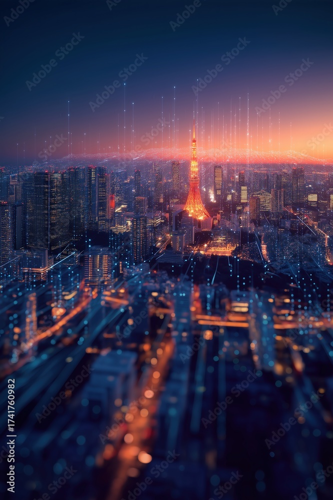Fototapeta premium Smart City Skyline with Digital Data Flow at Sunset
