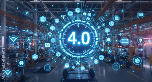 Industry 4.0 Concept with Networked Icons and Factory in the Background