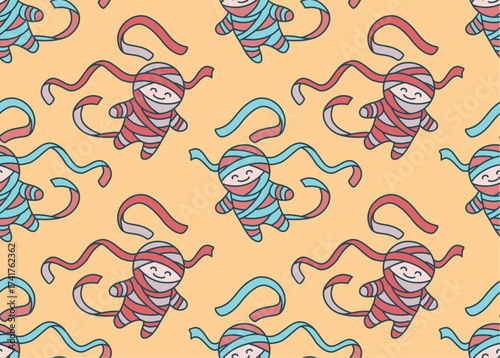 Cute seamless Halloween pattern featuring playful baby mummies wrapped in colorful bandages with ribbons creating festive atmosphere
